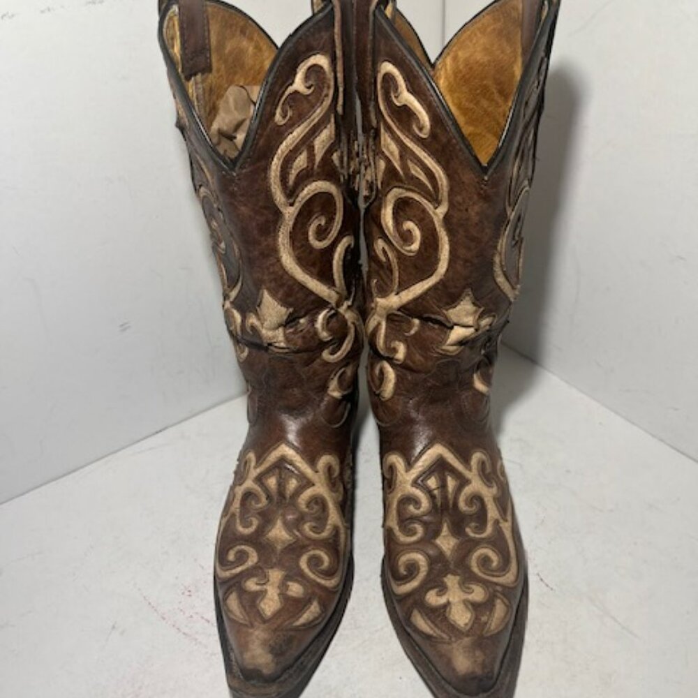 Tony Lama Brown and Cream Heeled Boots - Picture 10 of 11